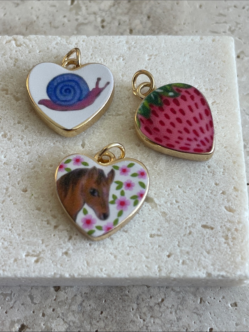 Porcelain Heart Charm Set Strawberry Snail Horse Ceramic Pendant Lot - Picture 2 of 3